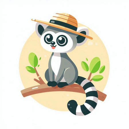 Cute cartoon lemur with hat on the tree. Vector illustration.のイラスト素材