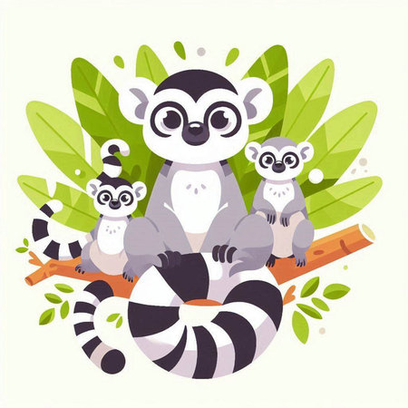 Cute lemur family on a branch with leaves. Vector illustration.のイラスト素材