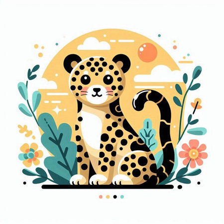 Cute cartoon leopard with flowers and plants. Vector illustration.のイラスト素材