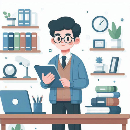 Vector illustration of a young man in office with a laptop and books.のイラスト素材