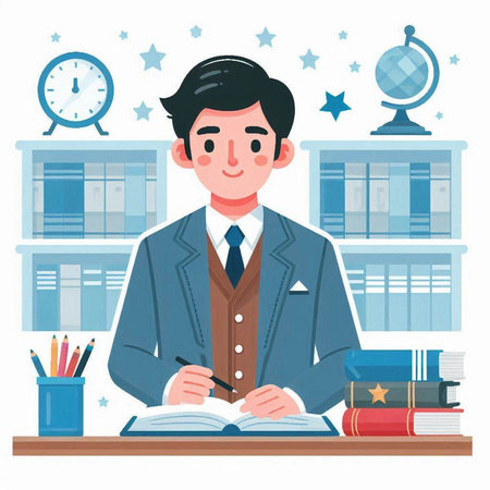 Young man sitting at the desk and writing in notebook. Vector illustration.のイラスト素材