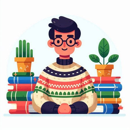 Man in glasses sitting on a stack of books. Flat vector illustration.のイラスト素材