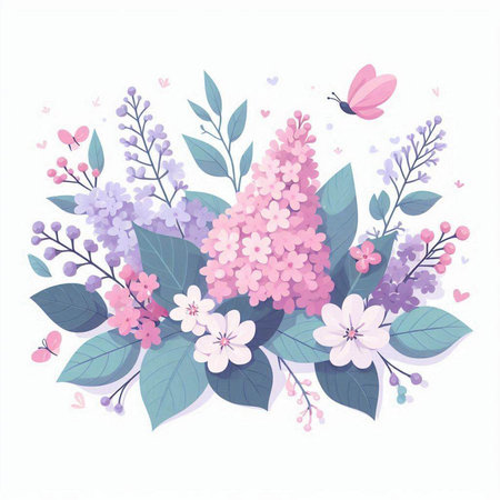 Floral bouquet with pink flowers, leaves and butterflies. Vector illustration.のイラスト素材