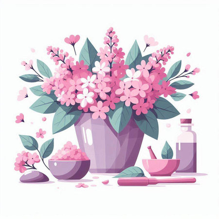 Flowers in vase, mortar and pestle. Vector illustrationのイラスト素材