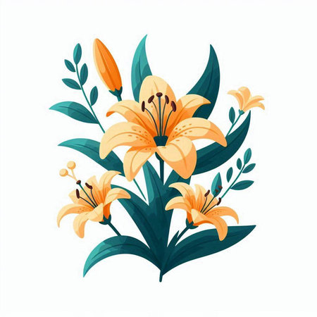 Bouquet of orange lilies with green leaves. Vector illustration.のイラスト素材