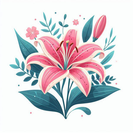 Beautiful pink lily with leaves and flowers. Vector illustration.のイラスト素材