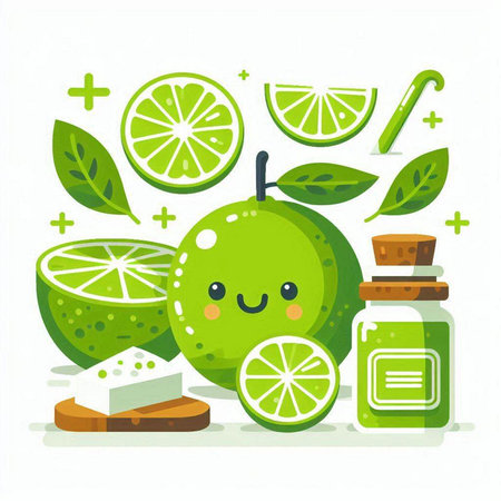 Cute lime fruit character with ingredients for smoothie. Vector illustration.のイラスト素材