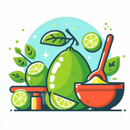 Lime vector illustration. Juicy fruit, whole and sliced.のイラスト素材