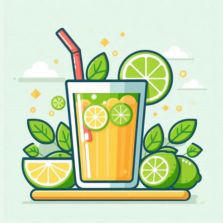 Cocktail with lime and straw in flat style. Vector illustration.のイラスト素材