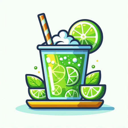 Cocktail with lime and mint, vector illustration in cartoon styleのイラスト素材