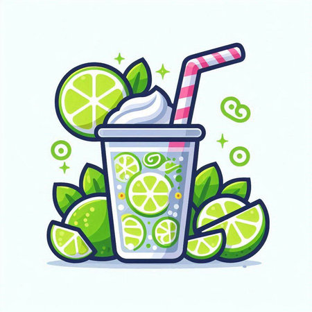 Cocktail with lime slices and whipped cream. Vector illustration.のイラスト素材