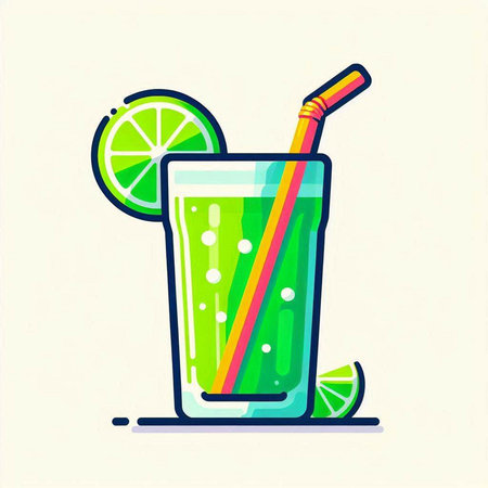 Cocktail with lime and straw in flat style. Vector illustration.のイラスト素材