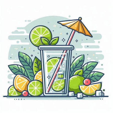 Cocktail with lime, lemon, mint and straw. Vector illustration.のイラスト素材