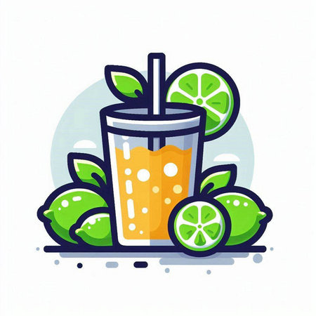 Lemonade. Vector illustration of a glass of fresh lemonade with lime slices and leaves.のイラスト素材