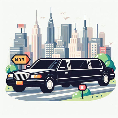 Vector illustration of limousine on city background. Flat style design.のイラスト素材