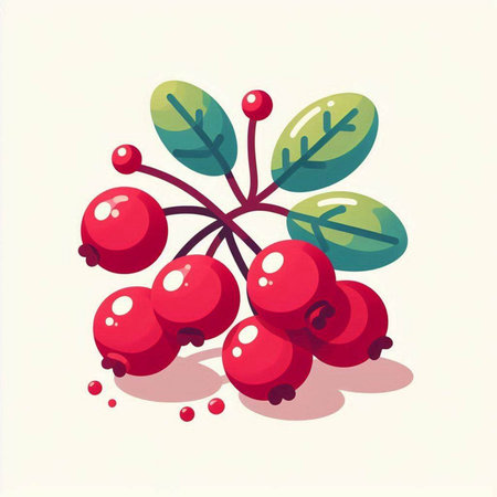 Bunch of ripe red cranberries with green leaves. Vector illustration.のイラスト素材