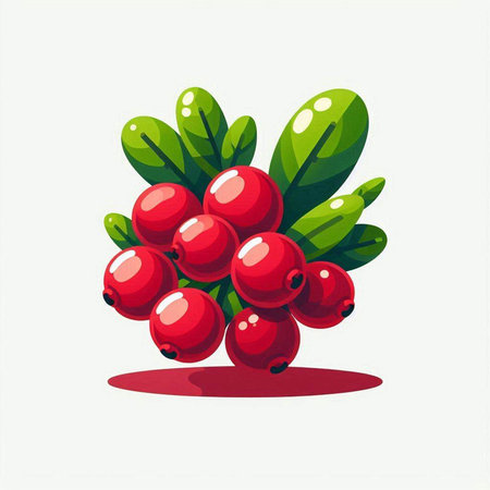 Red cranberries with green leaves on a white background. Vector illustration.のイラスト素材