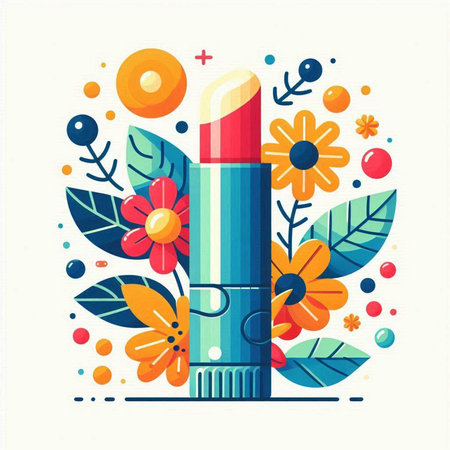 Lipstick and flowers. Vector illustration in flat cartoon style.のイラスト素材