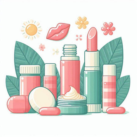 Vector illustration of cosmetic products. Lips, cream, lipstick, nail polish, cream, lip balm.のイラスト素材