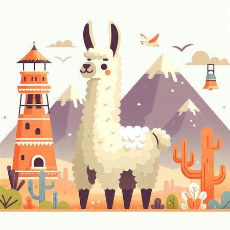 Llama on the background of the mountains. Vector illustration.のイラスト素材