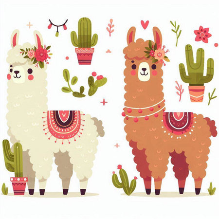 Cute alpaca and cactuses. Vector illustration.のイラスト素材