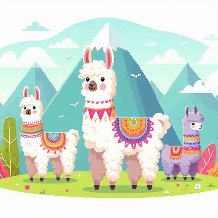 Llama and alpaca in the mountains. Vector illustrationのイラスト素材