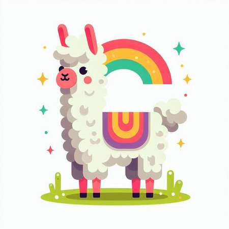 Cute llama with rainbow on white background. Vector illustration.のイラスト素材
