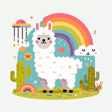 Cute alpaca vector illustration. Cute llama on the background of the rainbow.のイラスト素材