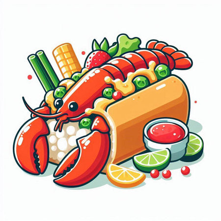 Illustration of a lobster roll with sauce, lime and chili pepperのイラスト素材