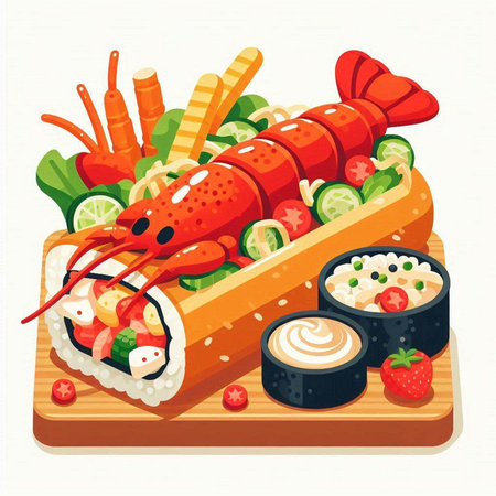 Illustration of delicious sushi roll with seafood, vegetables and sauce.のイラスト素材