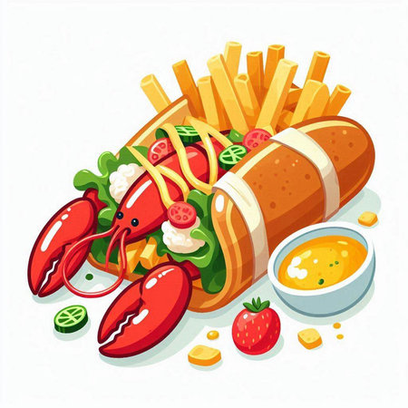 Vector illustration of a hot dog with french fries, sauce and crayfishのイラスト素材