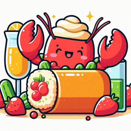 Cute kawaii lobster with sushi and juice. Vector illustration.のイラスト素材