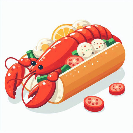 Lobster hot dog with vegetables on a white background. Vector illustration.のイラスト素材