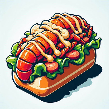 Illustration of a hot dog with sausage, lettuce and tomato.のイラスト素材