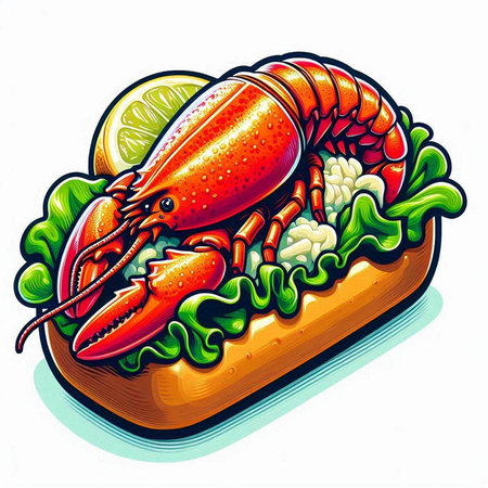 Lobster on a sandwich with lettuce and lemon. Vector illustration.のイラスト素材