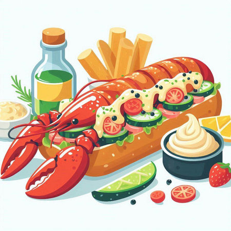 Lobster hot dog with vegetables and sauce. Vector illustration.のイラスト素材