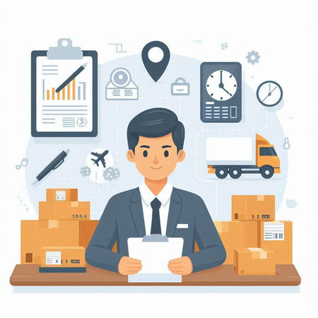 Businessman in warehouse. Freight transportation and logistic concept.のイラスト素材
