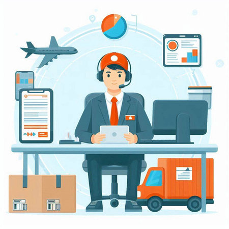 Warehouse worker. Vector illustration in flat design style. Man in a headset with a tablet in his hands.のイラスト素材