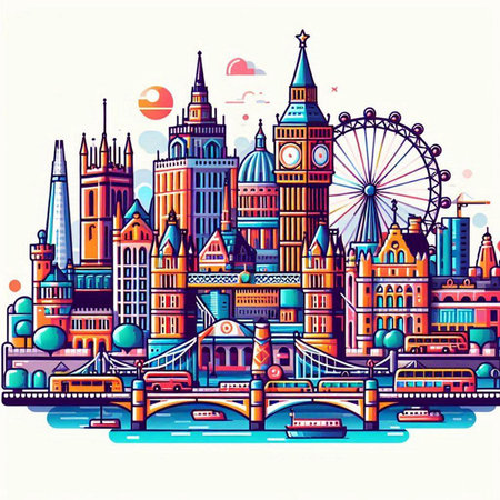 London skyline with famous buildings. Vector illustration in flat cartoon style.のイラスト素材