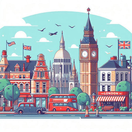 London, United Kingdom. Cityscape with famous buildings and streets. Vector illustration.のイラスト素材