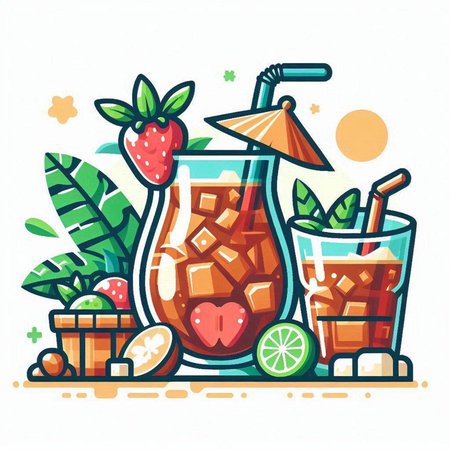 Strawberry mojito cocktail with ice cubes, straws and fruits. Vector illustration.のイラスト素材