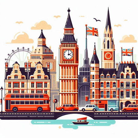 London, United Kingdom. Big Ben and Westminster Bridge. Cityscape. Vector illustrationのイラスト素材