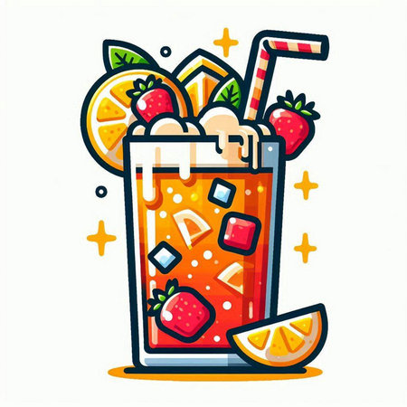 Cocktail with orange, strawberry, lemon, ice and straw. Vector illustration.のイラスト素材