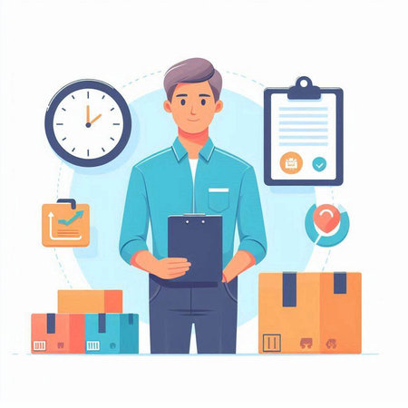 Delivery man with cardboard boxes and clipboard. Vector illustration in flat styleのイラスト素材