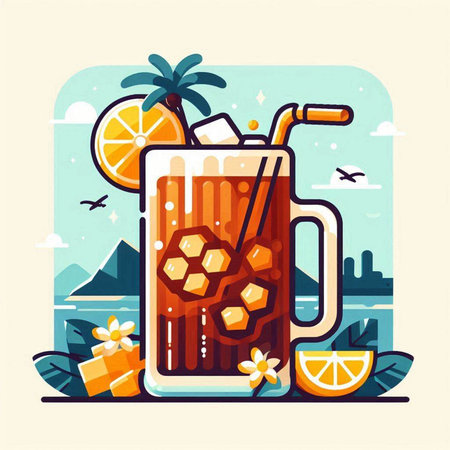 Vector illustration of a glass of cola with ice cubes, orange slices, palm trees and blue sky on the background.のイラスト素材