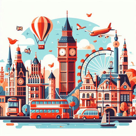 London city with famous buildings and attractions. Vector illustration in flat styleのイラスト素材