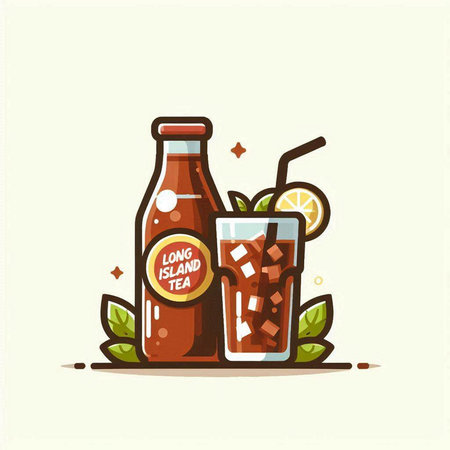 Illustration of a bottle of cola with ice cubes and a straw.のイラスト素材