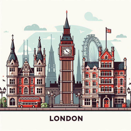 London skyline with famous buildings, vector illustration in flat design style.のイラスト素材