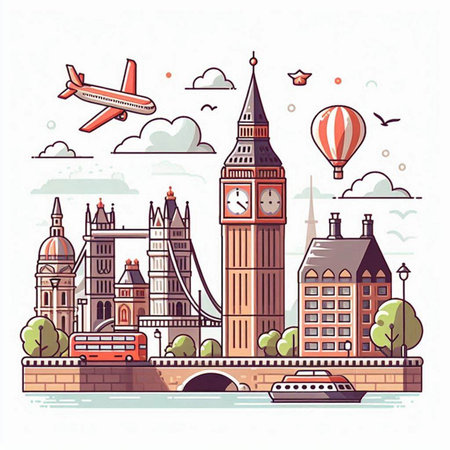 London landmarks vector illustration. Big Ben, Westminster Bridge, Houses of Parliament, Big Ben, Tower Bridge, Airplaneのイラスト素材