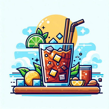 Cuba libre cocktail. Vector illustration in thin line style.のイラスト素材